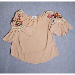 Vava Joy Han Top Womens XS‎ Peach Peasant Embroidered Floral Flutter Lace Boho